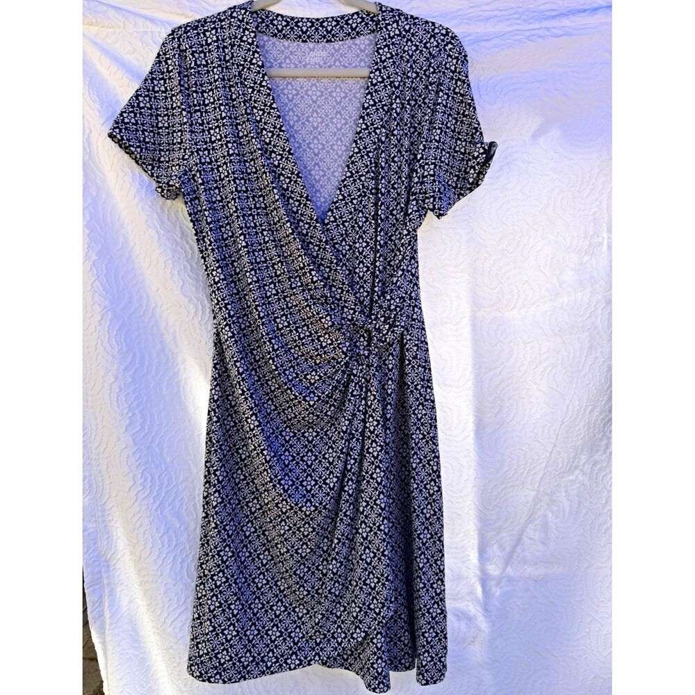 Lands’ End Women’s Navy White Print Faux Wrap Dress Medium 10-12